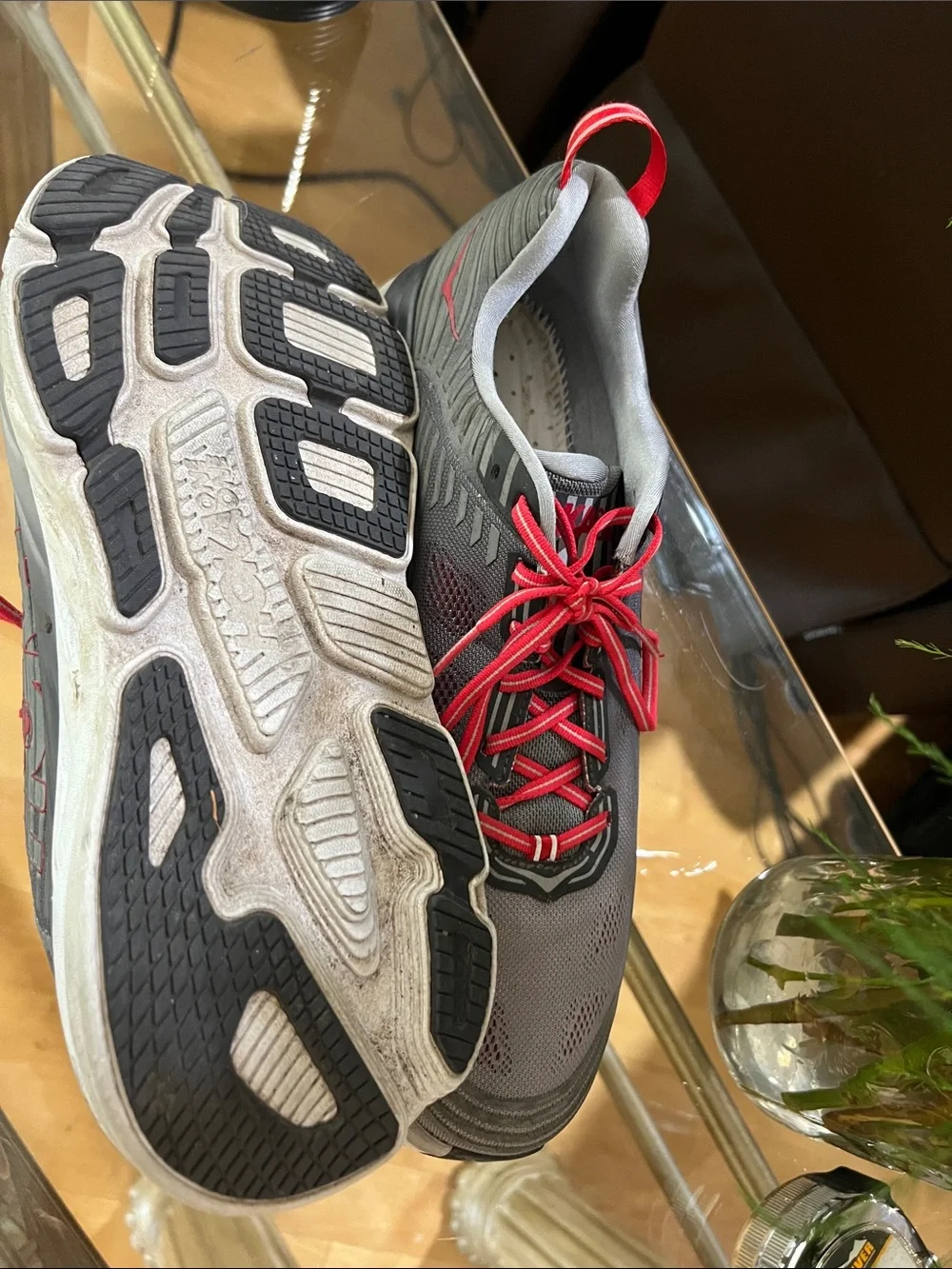 Hoka Men's Gray Athletic Swim Shoes with Red Accents